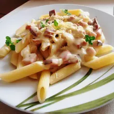 Penne z kremowym sosem, kawałkami boczku i startym parmezanem, udekorowane świeżymi ziołami. Pyszne danie, które zachwyci każdego.