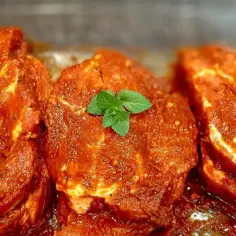 Karkówka w aromatycznej marynacie do karkówki na grilla, ozdobiona listkami mięty. Gotowa na pyszne grillowanie!