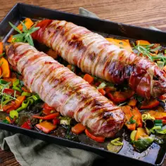 Pieczone polędwiczki wieprzowe w boczku, podane z pieczonymi warzywami i rozmarynem. Pyszna okrasa na obiad.