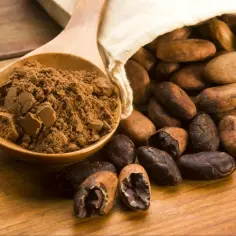 Drewniana łyżka z kakao w proszku obok worka z ziarnami kakao. Zastanawiasz się nad kakao kcal?
