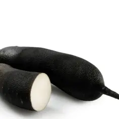 Dwie czarne rzepy, jedna przekrojona, ukazująca biały miąższ. Ich skórka jest ciemna i lekko chropowata.