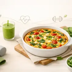 Zdrowy omlet z piekarnika z pomidorkami i szpinakiem, obok zielony koktajl i hantle. Idealny posiłek dla aktywnych.