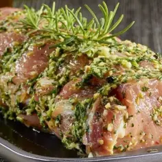 Schab w aromatycznej marynacie z czosnkiem i ziołami, gotowy do pieczenia.