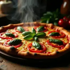 Gorąca pizza capriciosa z pomidorami i bazylią, parująca na drewnianym blacie.