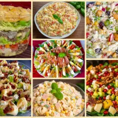 Inspiracje, jak ozdobić sałatkę: warstwowa, makaronowa, z jajkiem i łososiem, tortellini, z kurczakiem i owocami, z fetą i granatem.