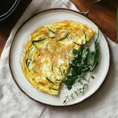 Puszysty omlet z cukinią, podany z rukolą i tymiankiem. Obok leży świeża cukinia i mała patelnia z plasterkami warzywa.