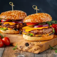 Dwa soczyste burgery z idealnie wysmażonym mięsem na burgery, serem, warzywami i sezamową bułką, podane z pomidorkami na drewnianej desce.