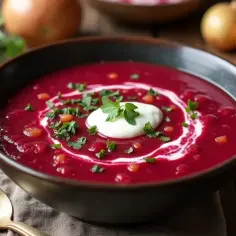 Aksamitna zupa buraczkowa, jak u babci, z kleksem śmietany i posiekaną natką pietruszki.