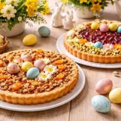 Przepis na bardzo dobry mazurek wielkanocny. Dwa mazurki ozdobione pisankami, bakaliami i kwiatkami.