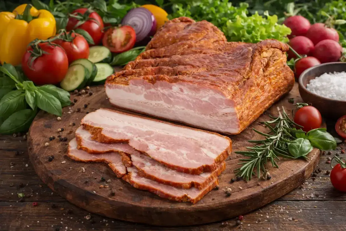 Aromatczny boczek wędzony, pokrojony w plastry, leży na drewnianej desce. Otaczają go świeże warzywa i zioła.