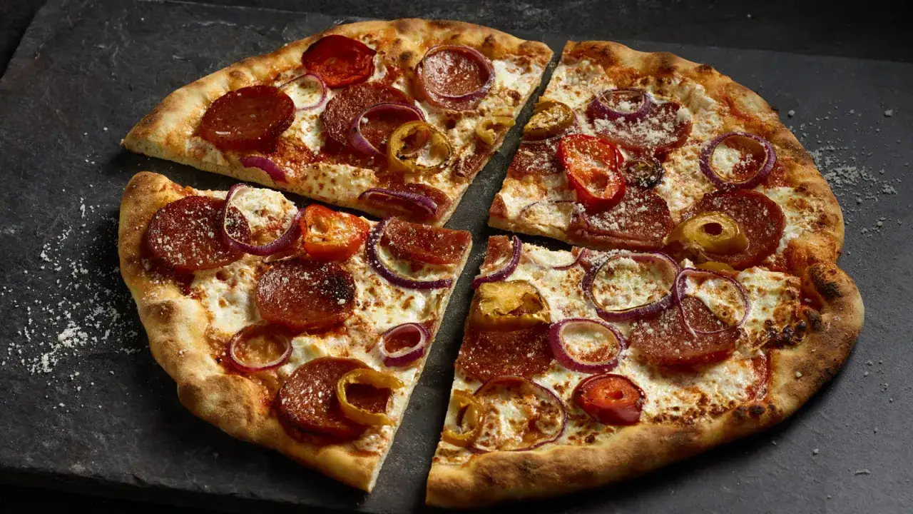 Pizza z salami, cebulą, pomidorkami i papryką. Idealne dodatki do tej pysznej pizzy.