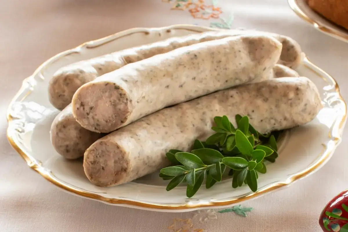 Biała kiełbasa na talerzu, gotowa do parzenia. Delikatne mięso z ziołami, ozdobione gałązką.