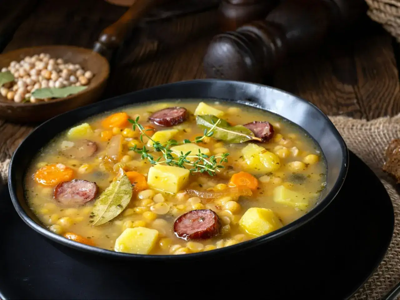 Gęsta, aromatyczna zupa grochowa, jak u babci, z kawałkami ziemniaków, marchewki i wędzonej kiełbasy.